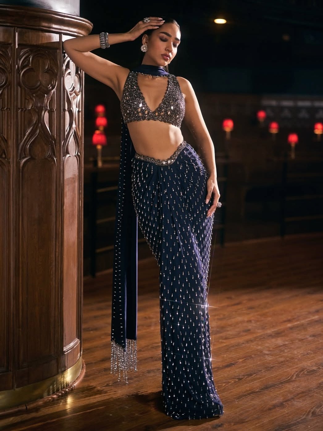 Deep Blue Georgette Draped Skirt Set Vvani by Vani Vats - Fabilicious Fashion