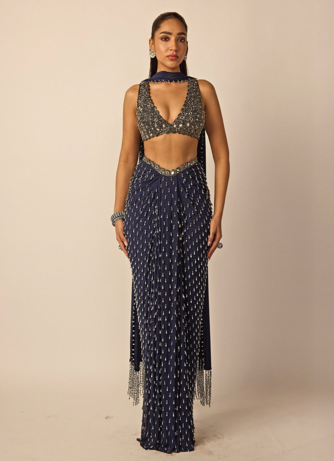 Deep Blue Georgette Draped Skirt Set Vvani by Vani Vats - Fabilicious Fashion