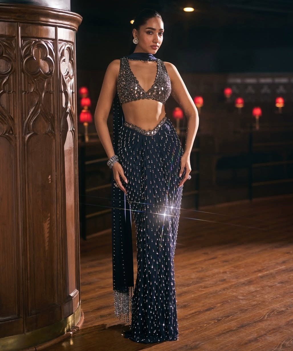 Deep Blue Georgette Draped Skirt Set Vvani by Vani Vats - Fabilicious Fashion