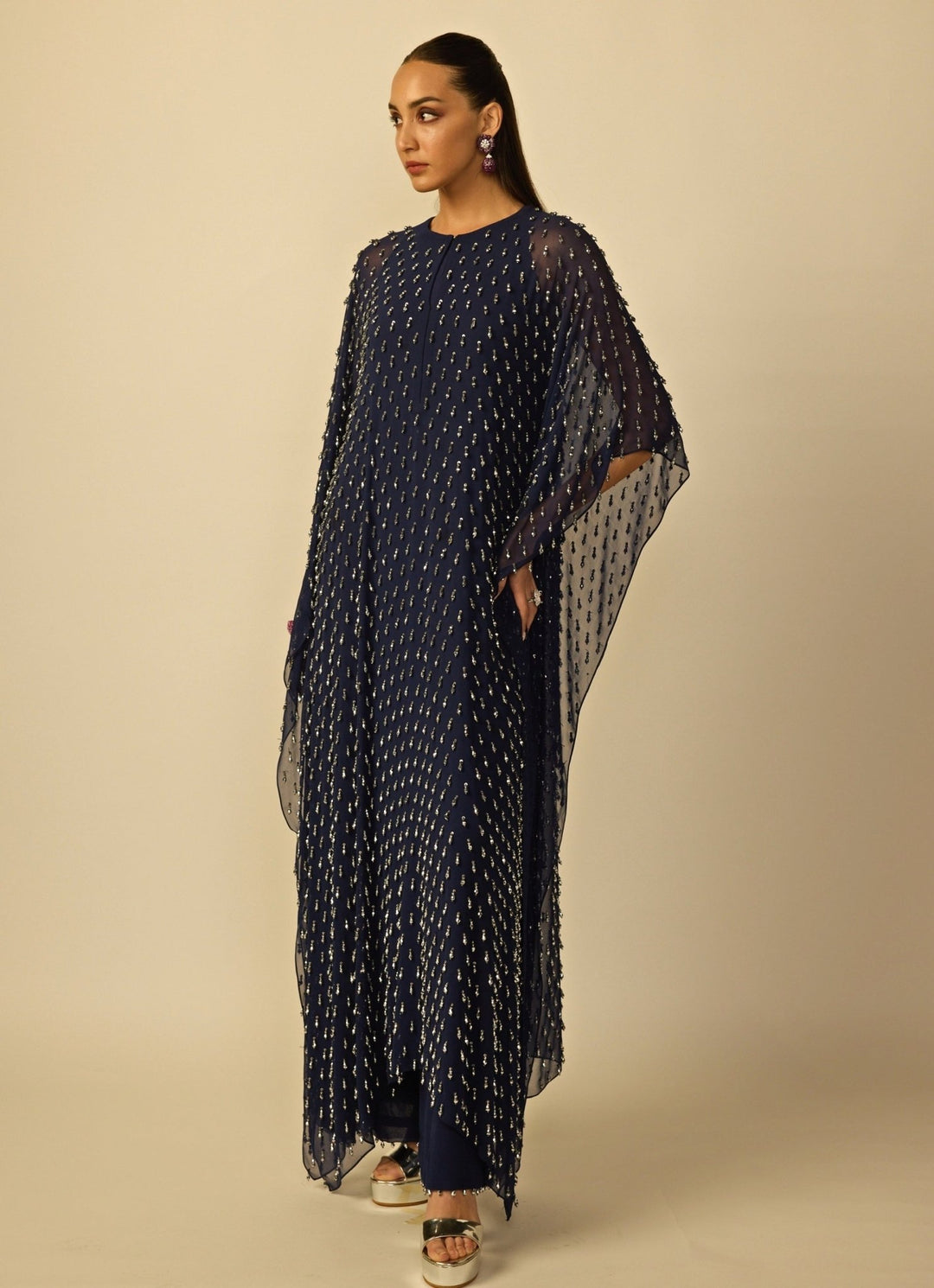 Deep Blue Georgette Kaftan Vvani by Vani Vats - Fabilicious Fashion