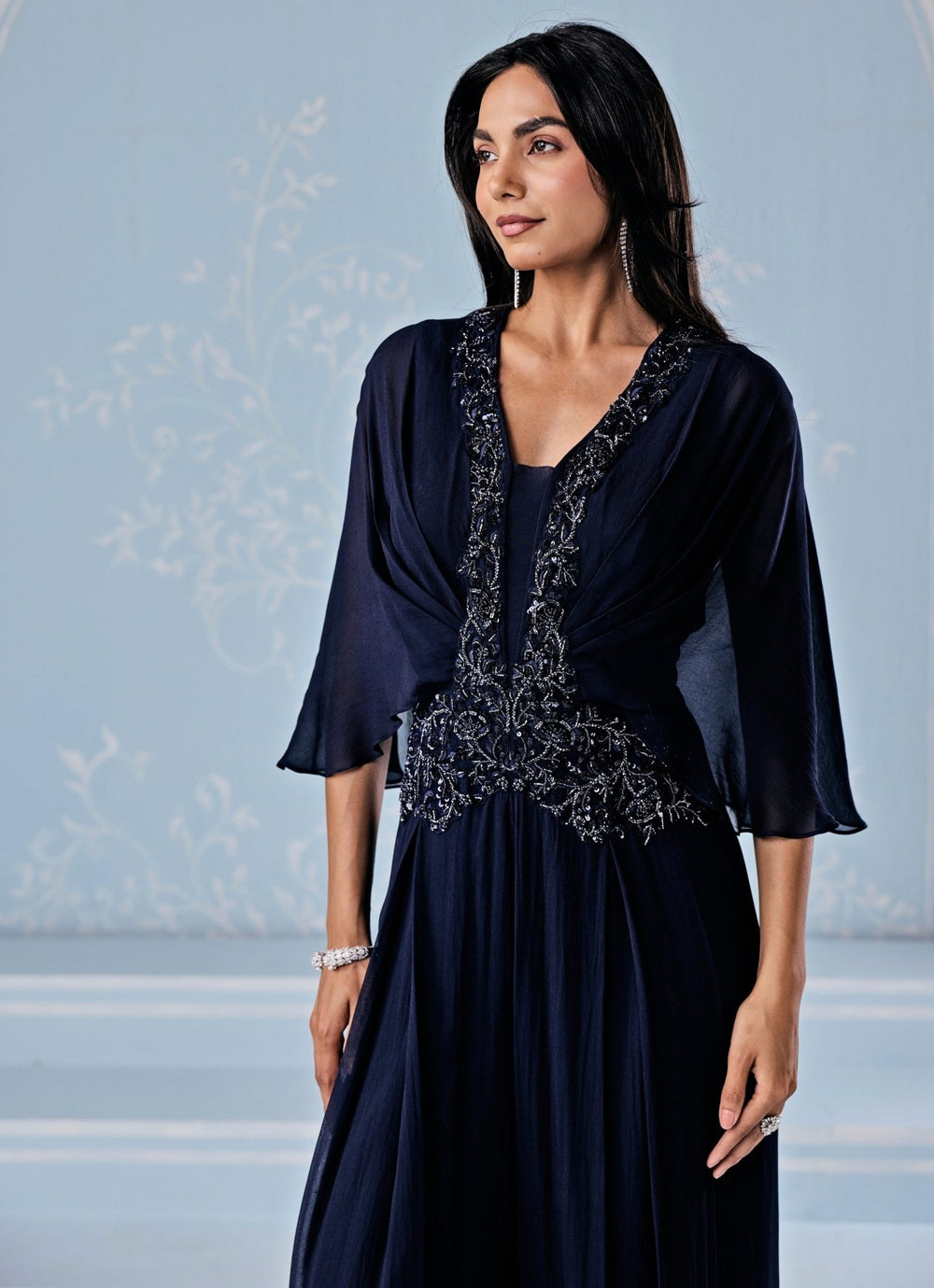 Deep Blue Georgette Pleated Jumpsuit Seema Thukral - Fabilicious Fashion