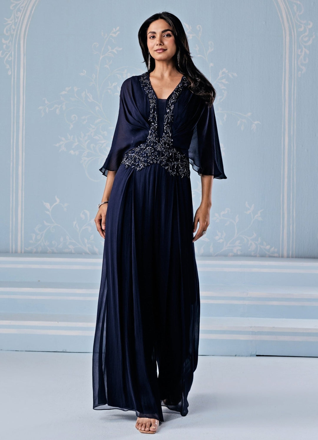 Deep Blue Georgette Pleated Jumpsuit Seema Thukral - Fabilicious Fashion