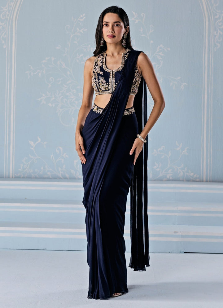 Seema Thukral Deep Blue Georgette Pre - Draped Saree With Embroidered BlouseFabilicious Fashion