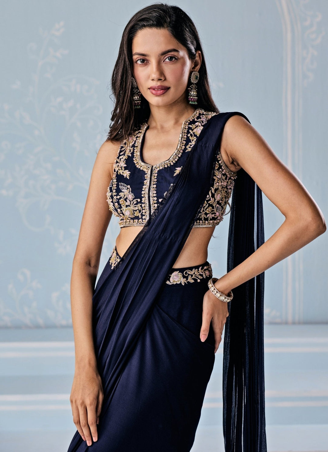 Seema Thukral Deep Blue Georgette Pre - Draped Saree With Embroidered BlouseFabilicious Fashion