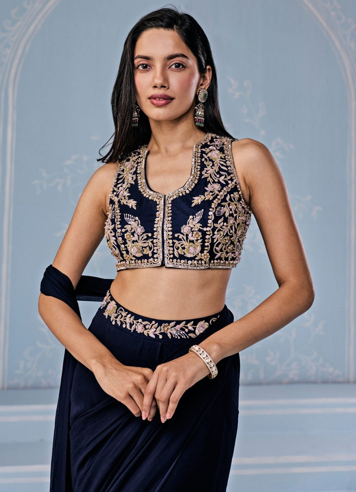 Seema Thukral Deep Blue Georgette Pre - Draped Saree With Embroidered BlouseFabilicious Fashion