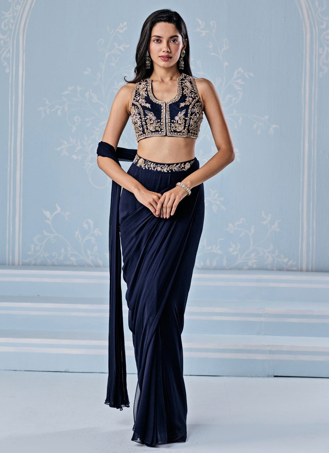 Seema Thukral Deep Blue Georgette Pre - Draped Saree With Embroidered BlouseFabilicious Fashion