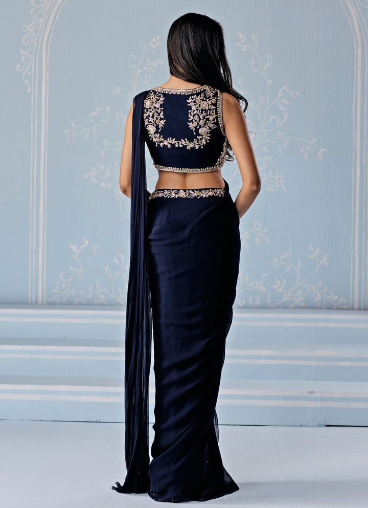 Seema Thukral Deep Blue Georgette Pre - Draped Saree With Embroidered BlouseFabilicious Fashion