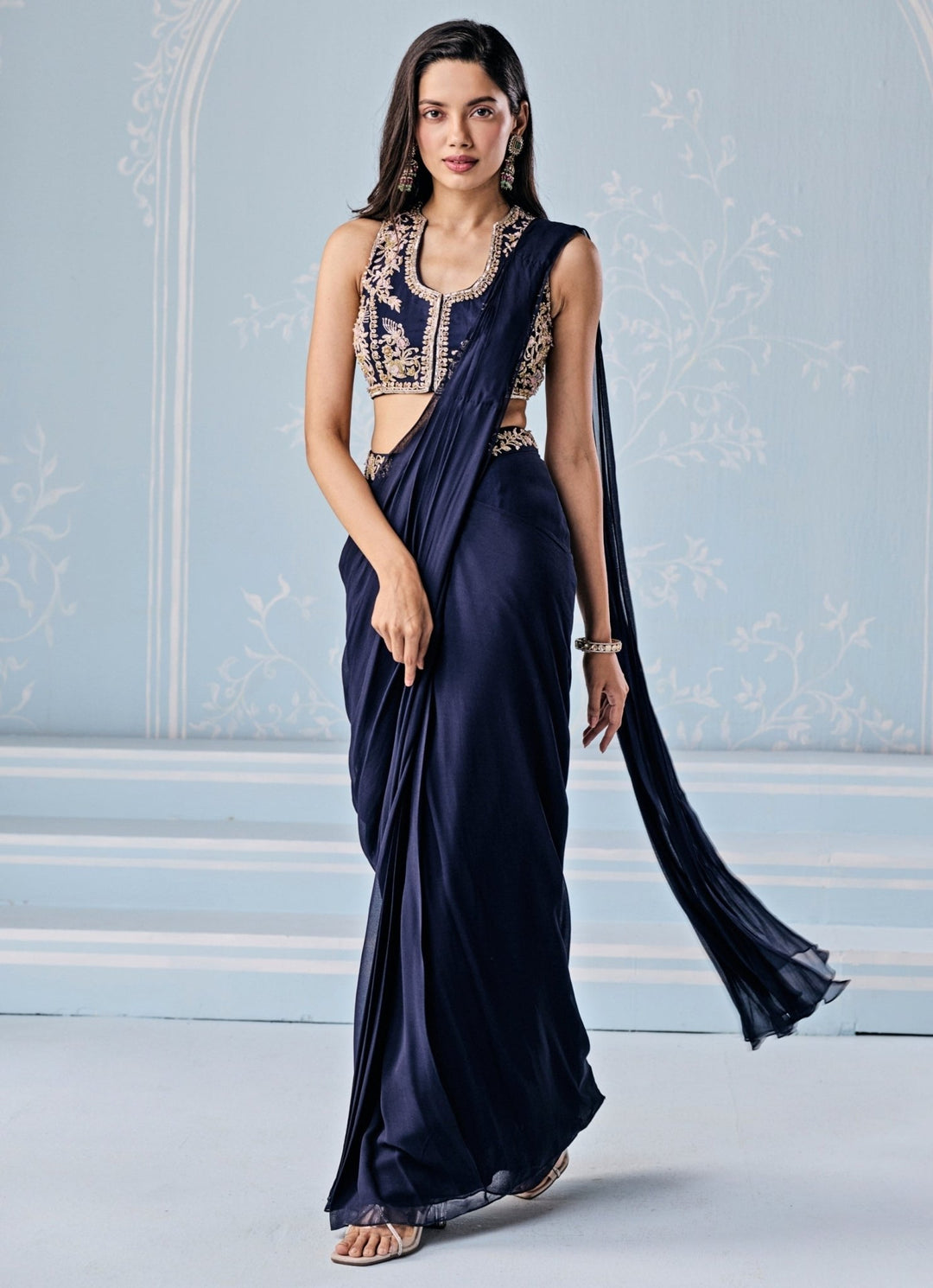 Seema Thukral Deep Blue Georgette Pre - Draped Saree With Embroidered BlouseFabilicious Fashion