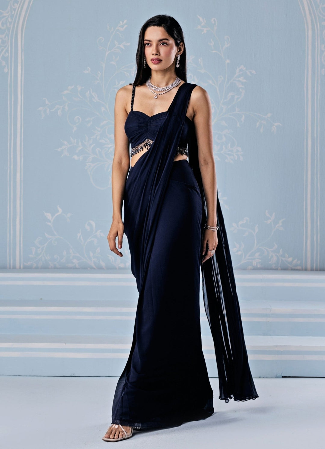 Seema Thukral Deep Blue Georgette Pre - Draped SareeFabilicious Fashion
