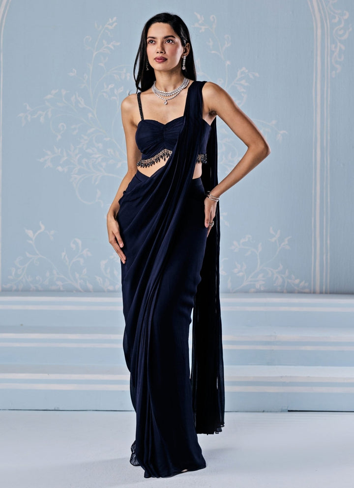 Seema Thukral Deep Blue Georgette Pre - Draped SareeFabilicious Fashion