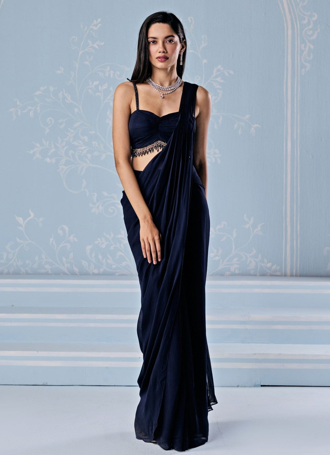 Seema Thukral Deep Blue Georgette Pre - Draped SareeFabilicious Fashion