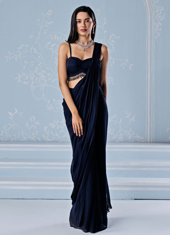 Seema Thukral Deep Blue Georgette Pre - Draped SareeFabilicious Fashion