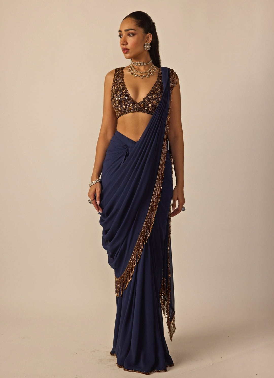 Deep Blue Georgette Pre - Draped Saree Vvani by Vani Vats - Fabilicious Fashion