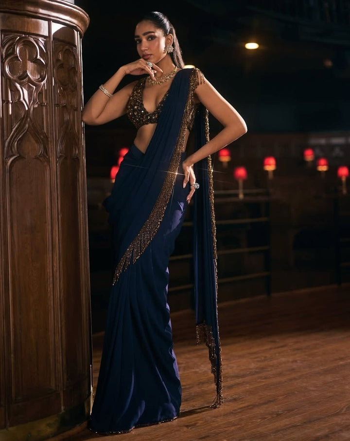 Deep Blue Georgette Pre - Draped Saree Vvani by Vani Vats - Fabilicious Fashion