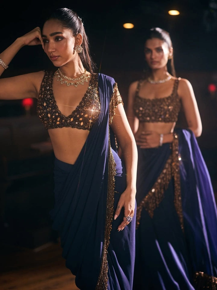 Deep Blue Georgette Pre - Draped Saree Vvani by Vani Vats - Fabilicious Fashion