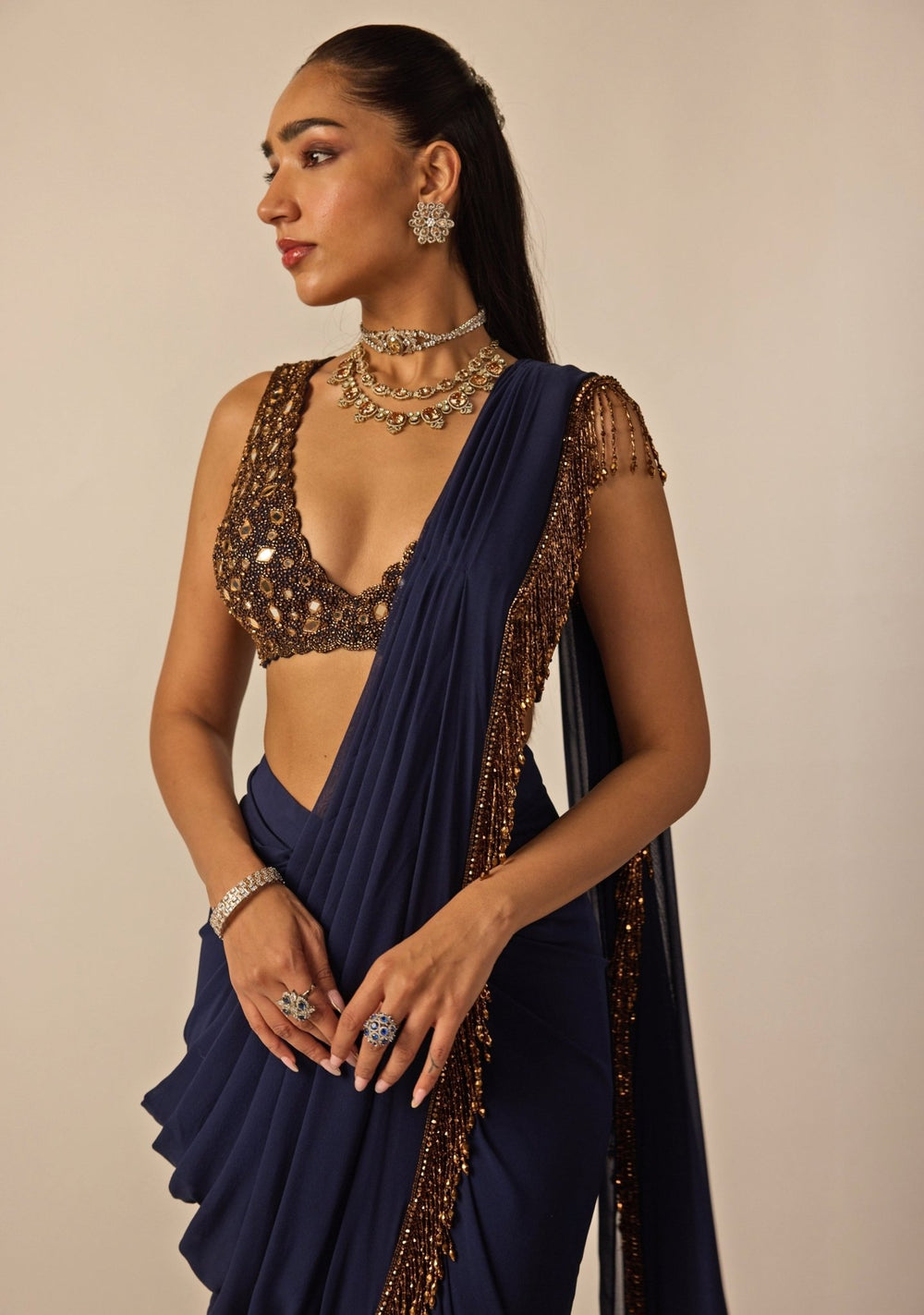 Deep Blue Georgette Pre - Draped Saree Vvani by Vani Vats - Fabilicious Fashion