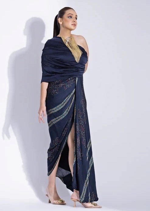 Studio Surbhi Deep Blue Georgette Satin Kaftan GownFabilicious Fashion