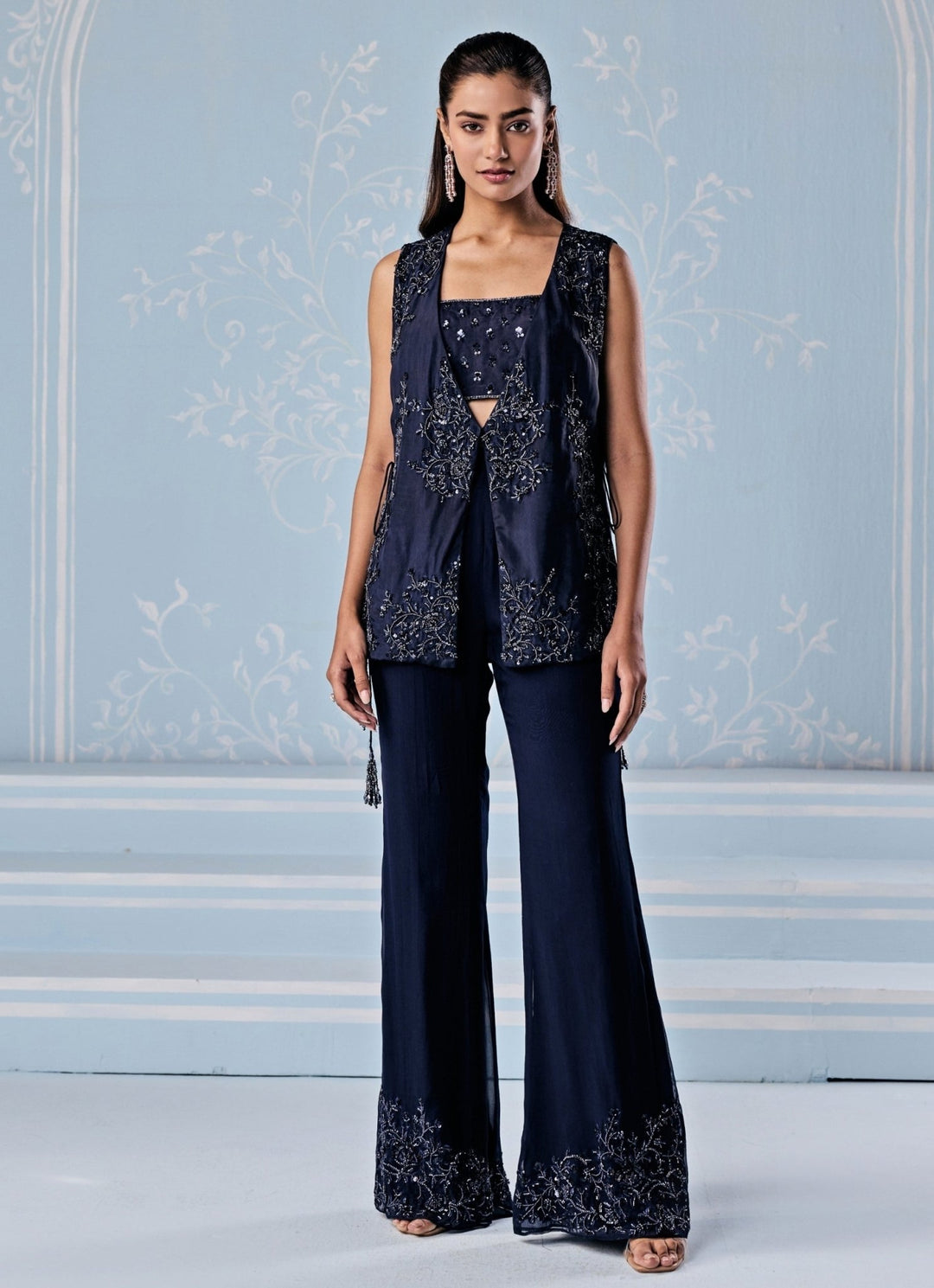 Deep Blue Organza Pants Set With Jacket Seema Thukral - Fabilicious Fashion