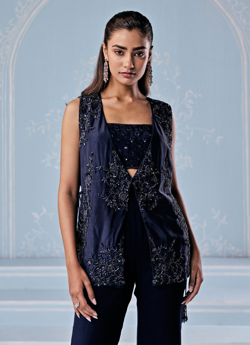 Deep Blue Organza Pants Set With Jacket Seema Thukral - Fabilicious Fashion