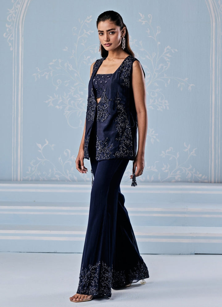 Deep Blue Organza Pants Set With Jacket Seema Thukral - Fabilicious Fashion