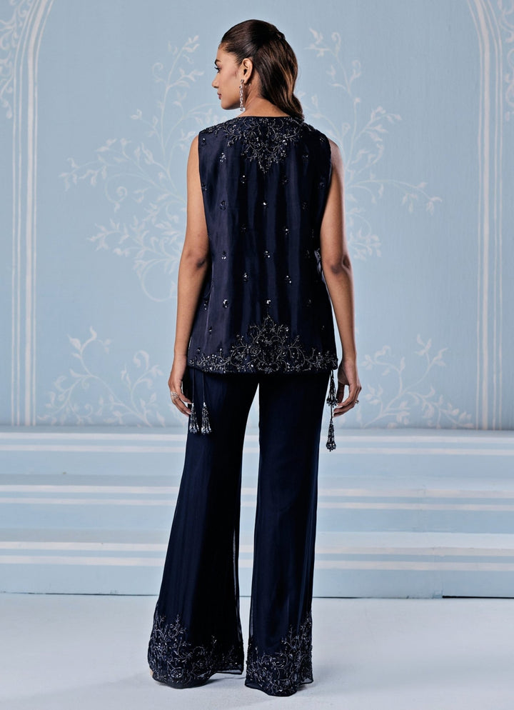 Deep Blue Organza Pants Set With Jacket Seema Thukral - Fabilicious Fashion