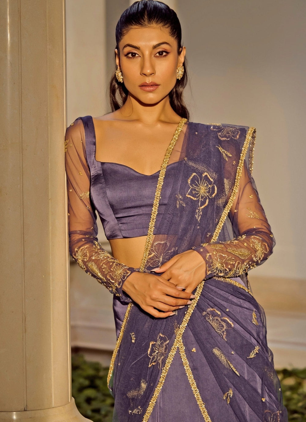 Deep Blue Organza Skirt Saree Parul Gandhi - Fabilicious Fashion
