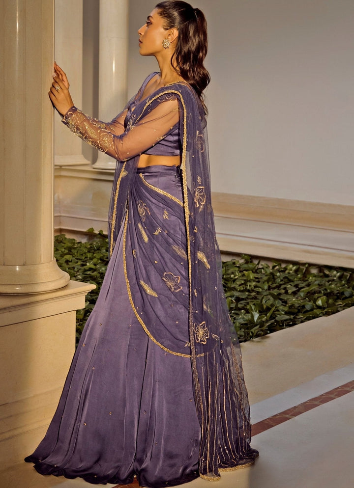 Deep Blue Organza Skirt Saree Parul Gandhi - Fabilicious Fashion