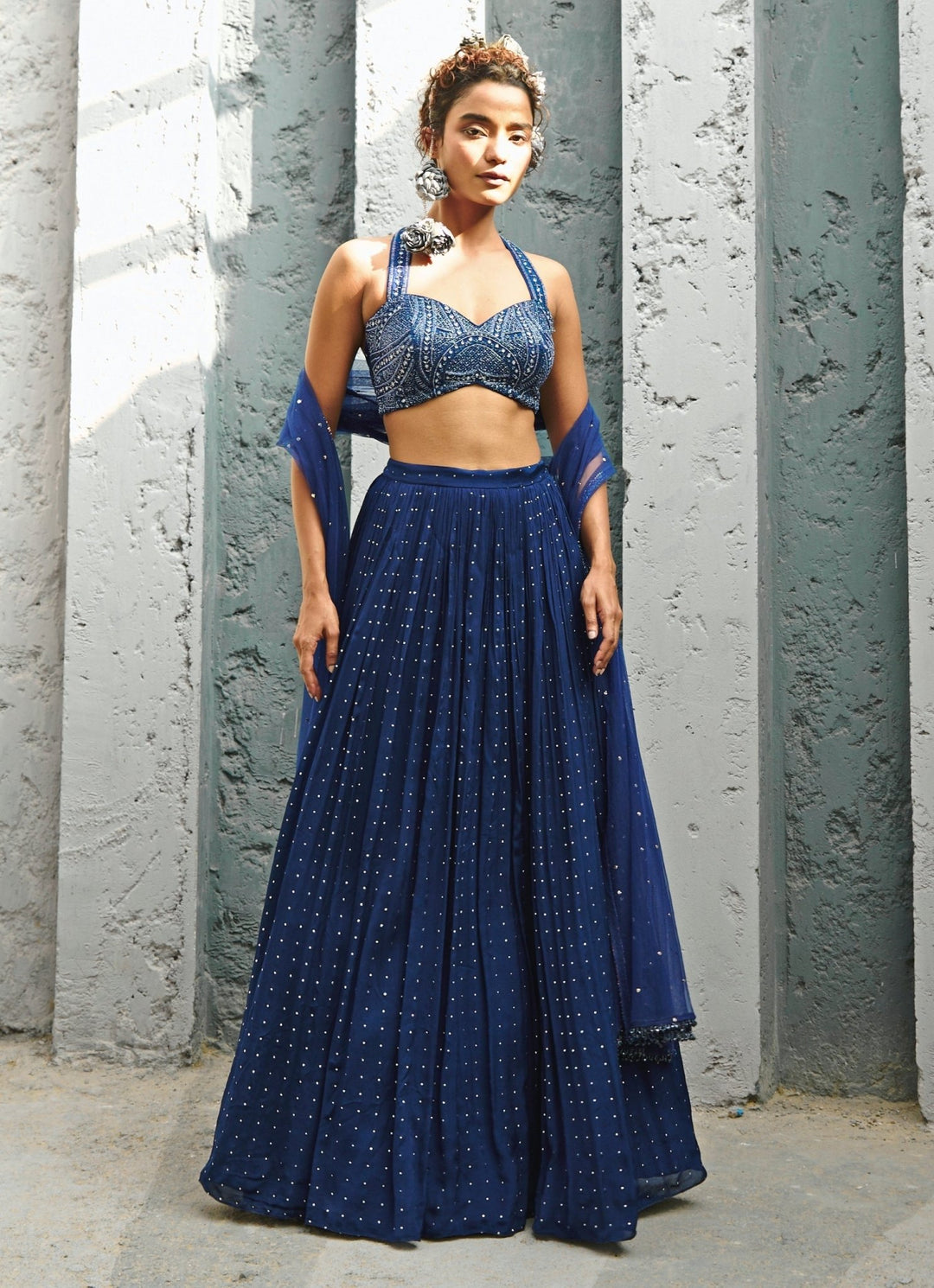 Deep Blue Sequin Embroidered Georgette Lehenga Set Chamee and Palak - Fabilicious Fashion