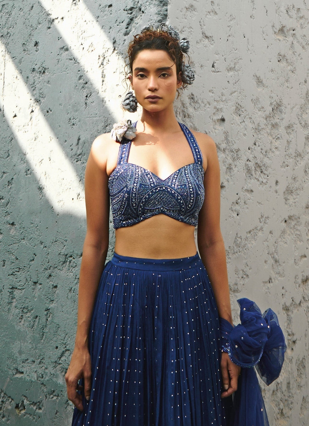 Deep Blue Sequin Embroidered Georgette Lehenga Set Chamee and Palak - Fabilicious Fashion