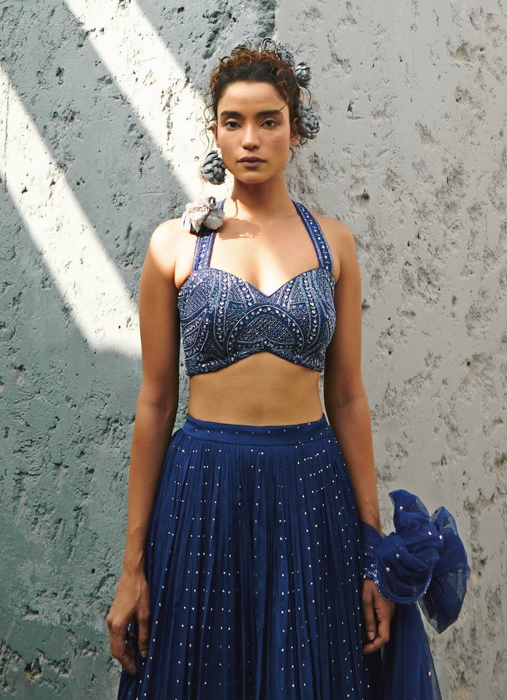 Deep Blue Sequin Embroidered Georgette Lehenga Set Chamee and Palak - Fabilicious Fashion