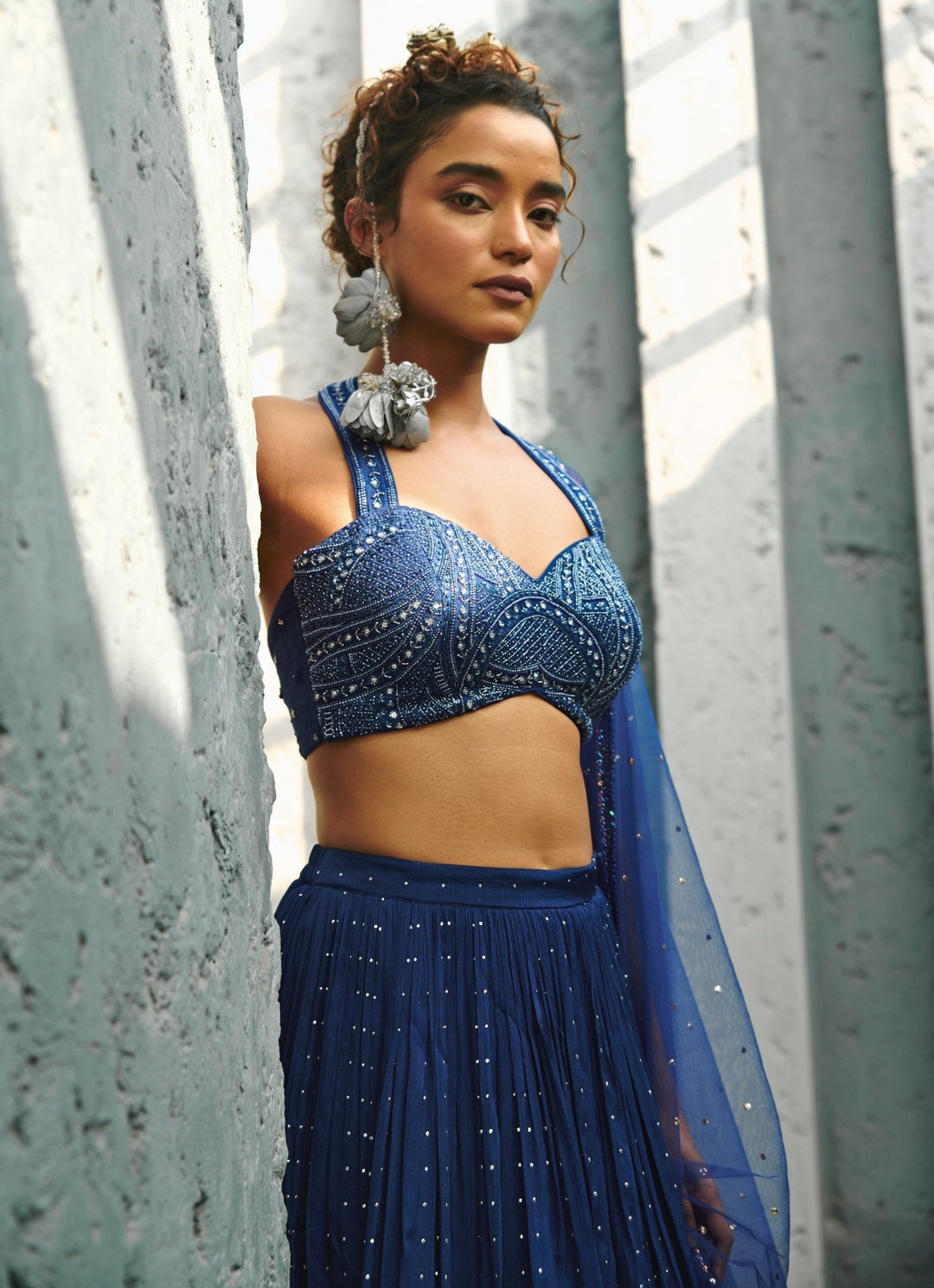 Deep Blue Sequin Embroidered Georgette Lehenga Set Chamee and Palak - Fabilicious Fashion