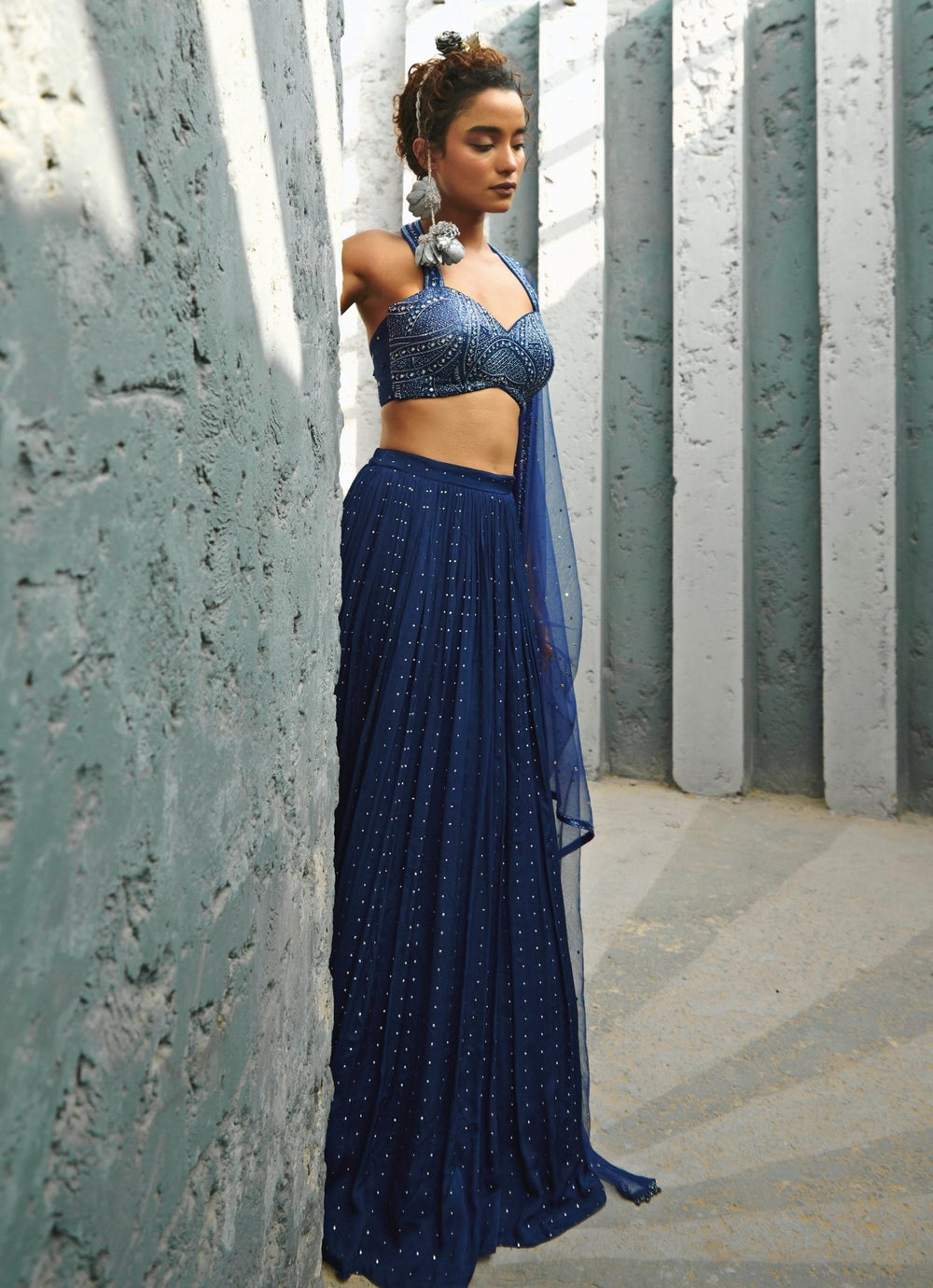 Deep Blue Sequin Embroidered Georgette Lehenga Set Chamee and Palak - Fabilicious Fashion