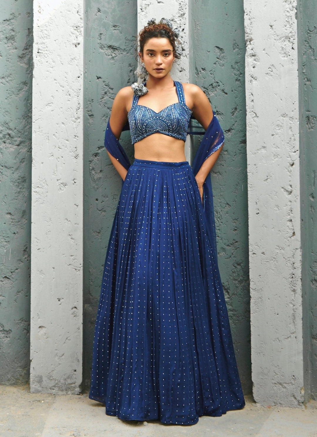 Deep Blue Sequin Embroidered Georgette Lehenga Set Chamee and Palak - Fabilicious Fashion