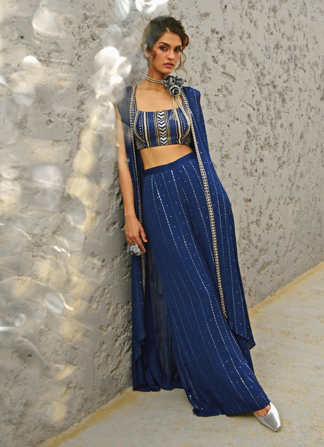 Deep Blue Sequin Embroidered Pant Set With Jacket Chamee and Palak - Fabilicious Fashion