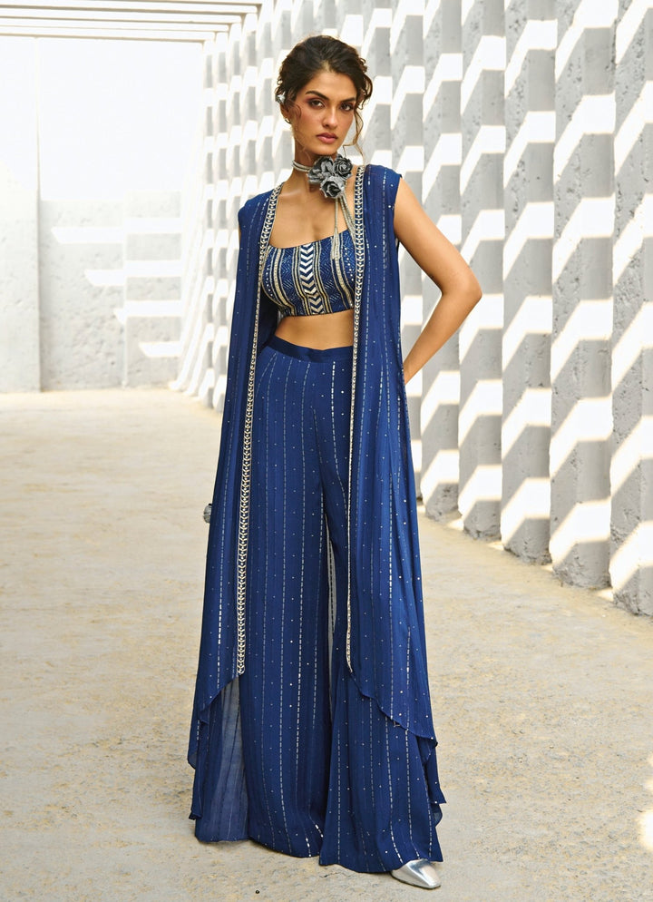 Deep Blue Sequin Embroidered Pant Set With Jacket Chamee and Palak - Fabilicious Fashion