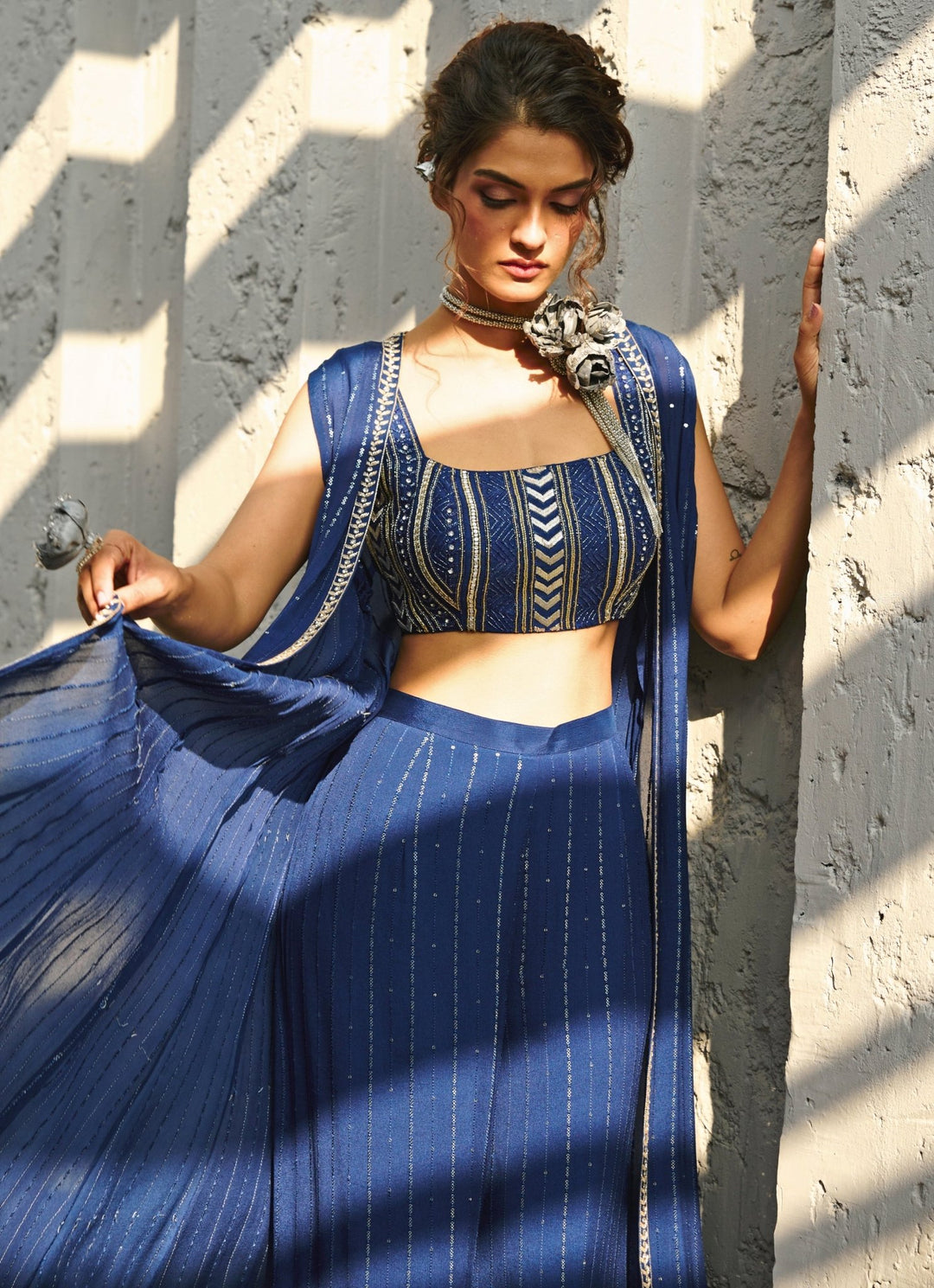 Deep Blue Sequin Embroidered Pant Set With Jacket Chamee and Palak - Fabilicious Fashion