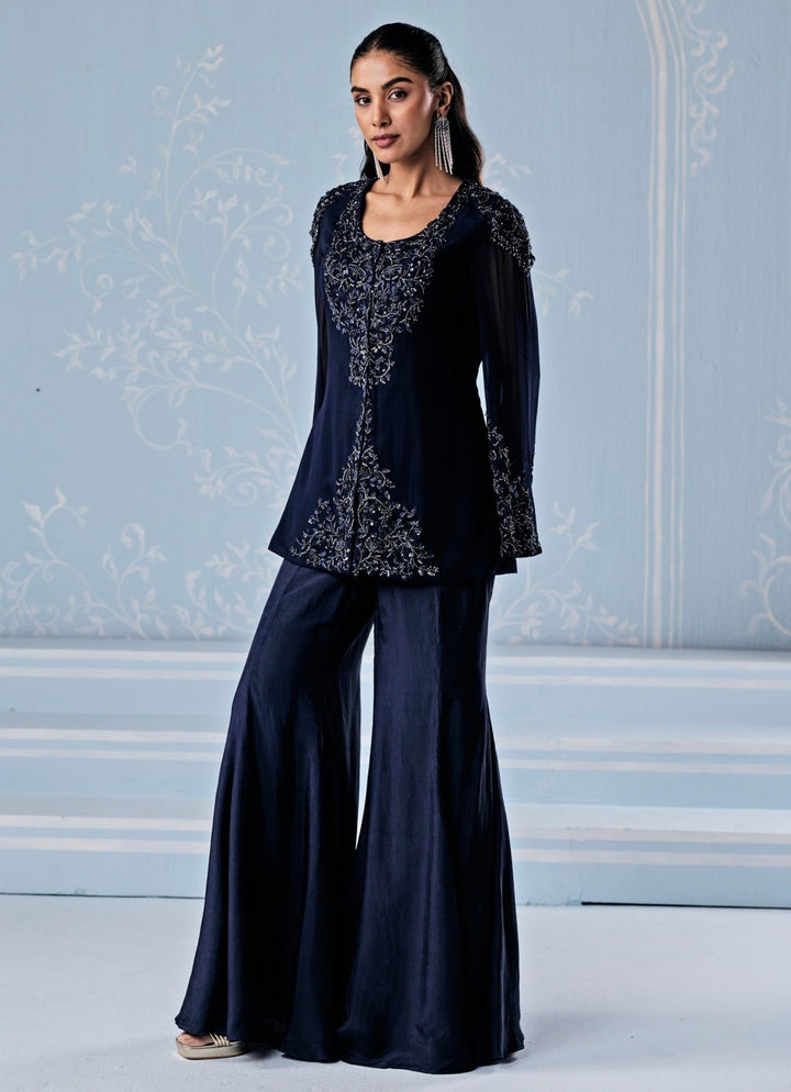 Deep Blue Silk Pants Set With Jacket Seema Thukral - Fabilicious Fashion