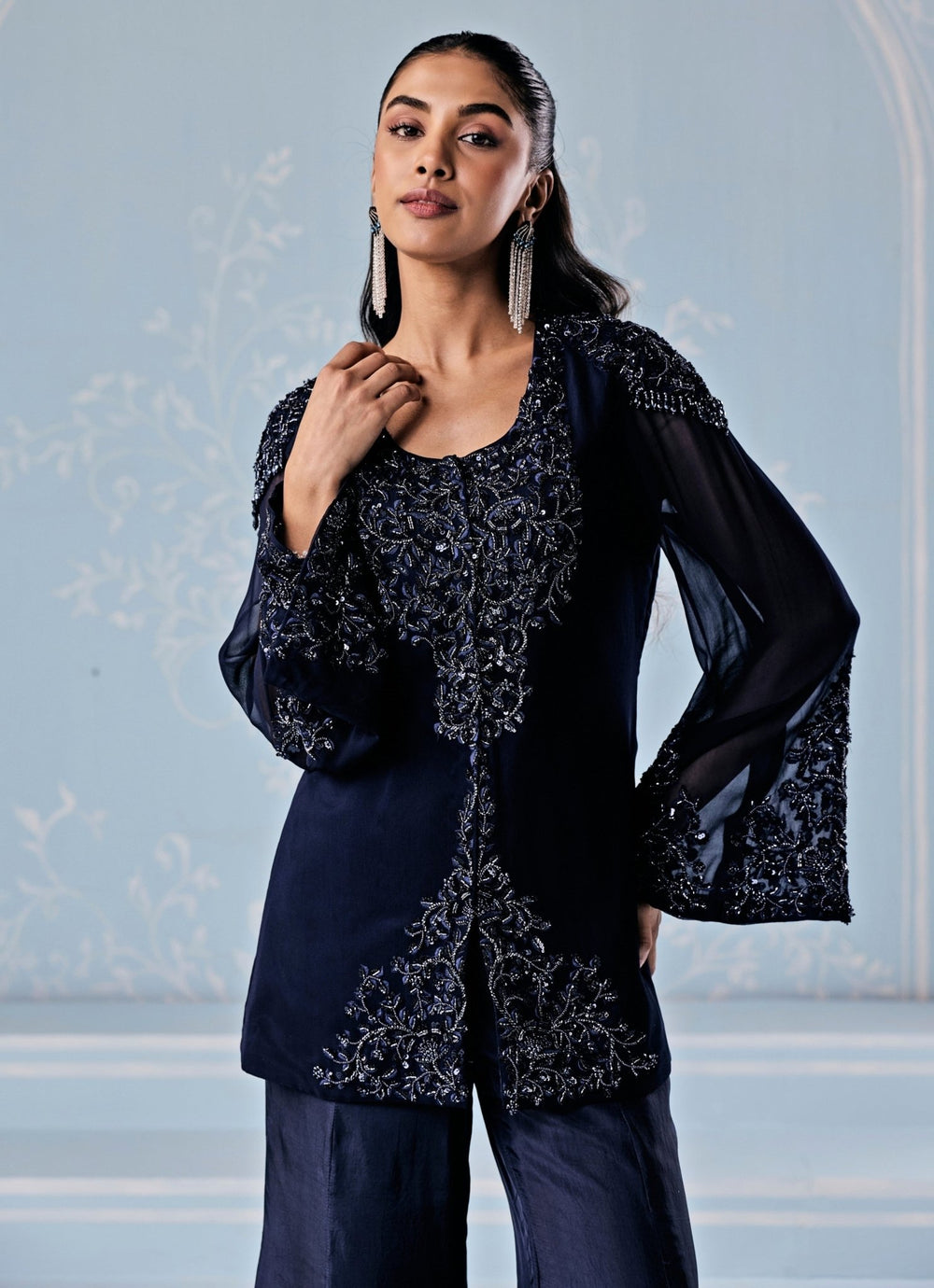 Deep Blue Silk Pants Set With Jacket Seema Thukral - Fabilicious Fashion