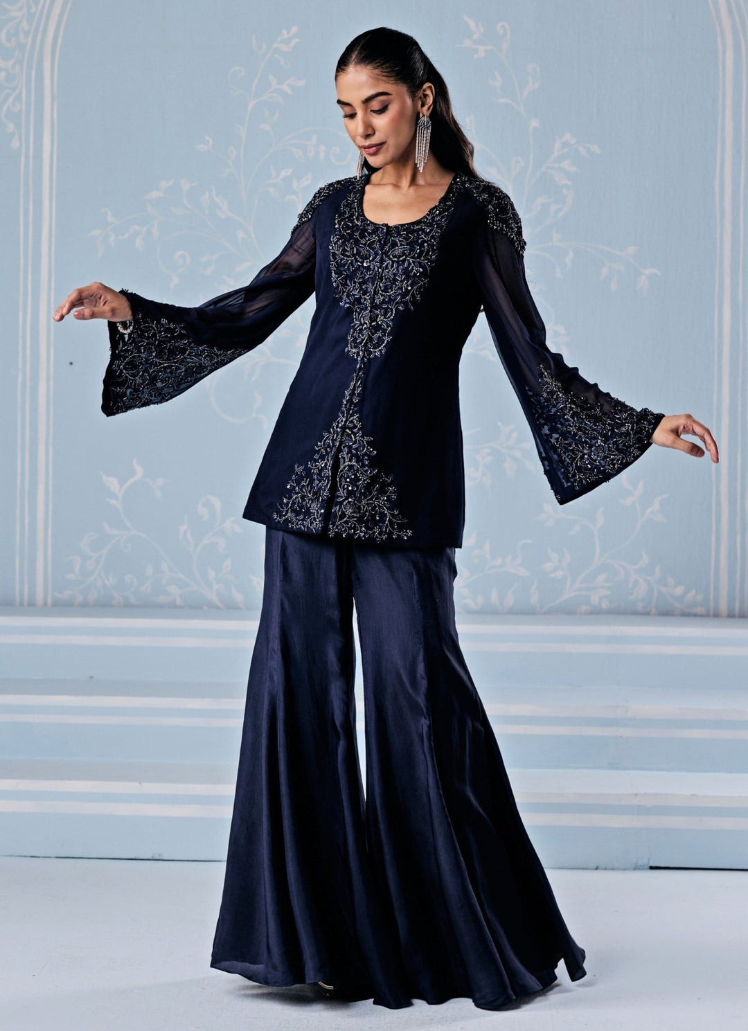 Deep Blue Silk Pants Set With Jacket Seema Thukral - Fabilicious Fashion