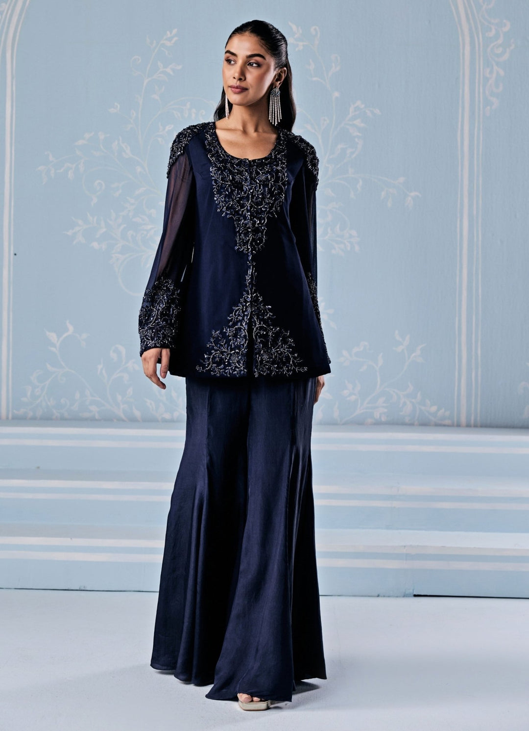 Deep Blue Silk Pants Set With Jacket Seema Thukral - Fabilicious Fashion