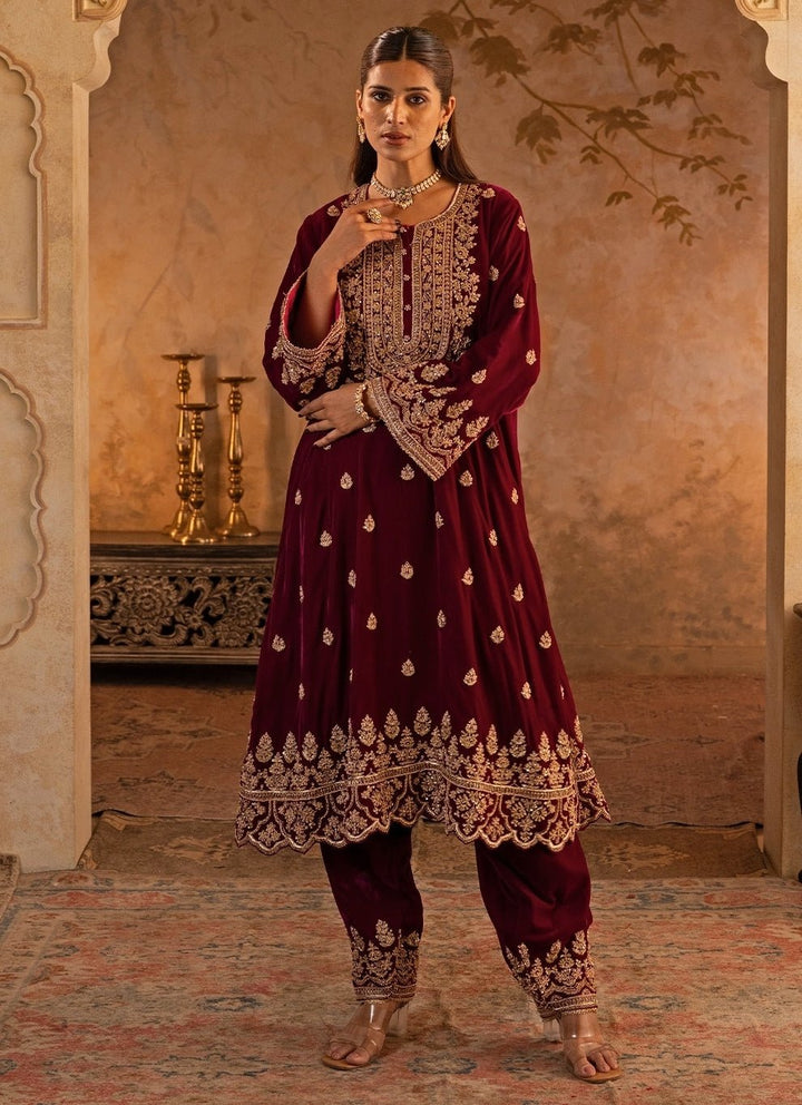 Angad Singh Deep Crimson Red Velvet Kurta Pants SetFabilicious Fashion