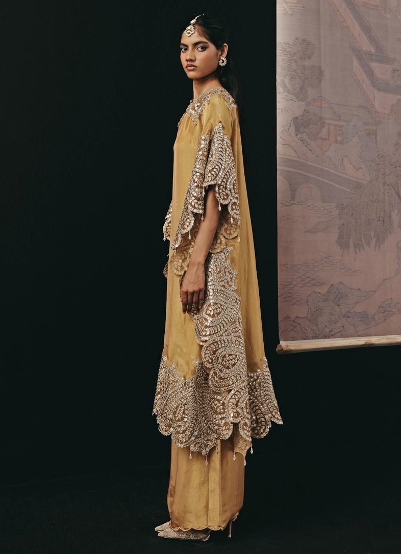 Deep Gold Tissue Mirrorwork Kaftan Palazzo Set Twenty Nine - Fabilicious Fashion