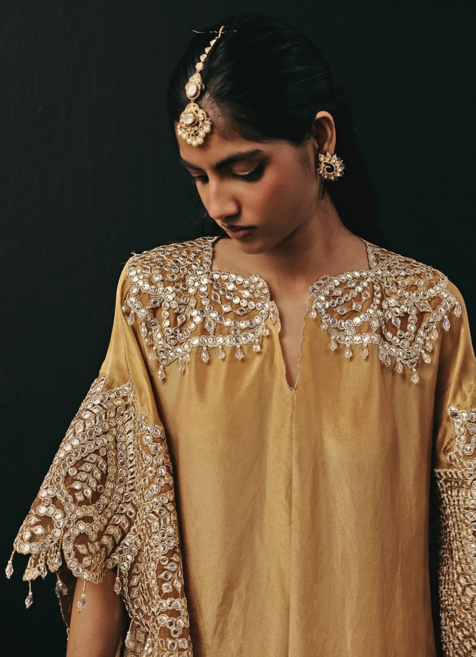 Deep Gold Tissue Mirrorwork Kaftan Palazzo Set Twenty Nine - Fabilicious Fashion