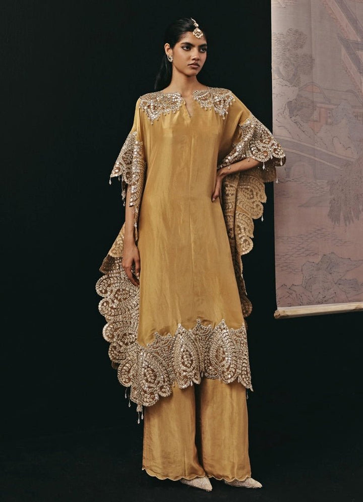 Deep Gold Tissue Mirrorwork Kaftan Palazzo Set Twenty Nine - Fabilicious Fashion