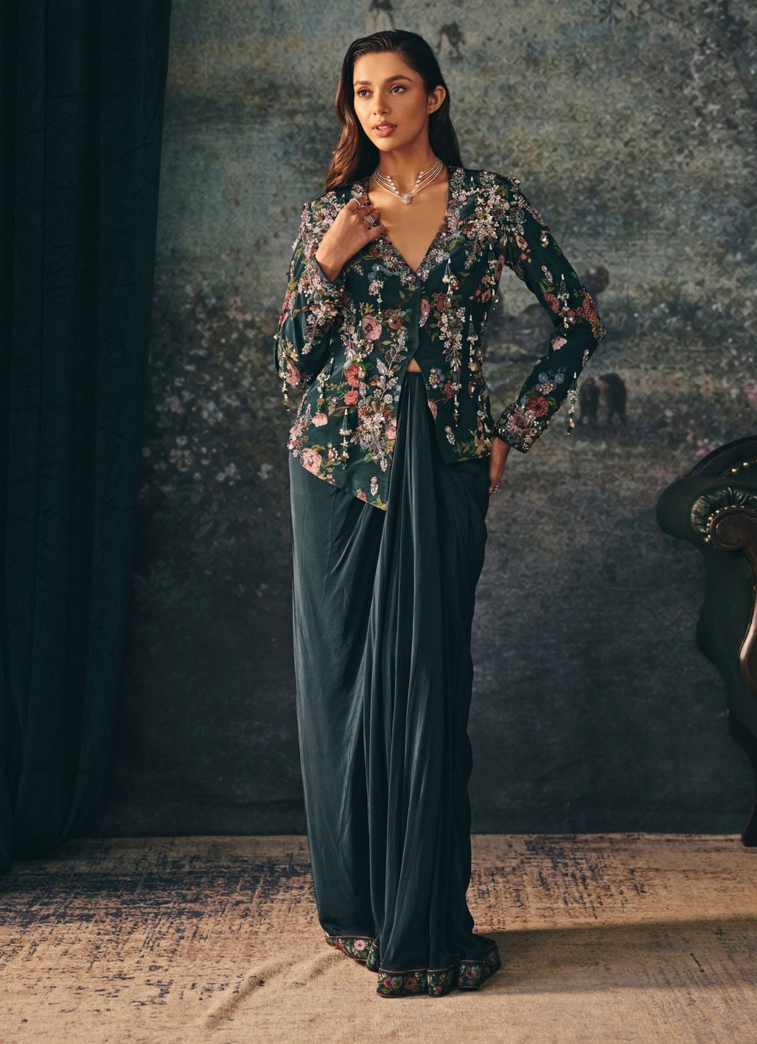 Deep Green Crepe Drape Skirt Set Mani Bhatia - Fabilicious Fashion