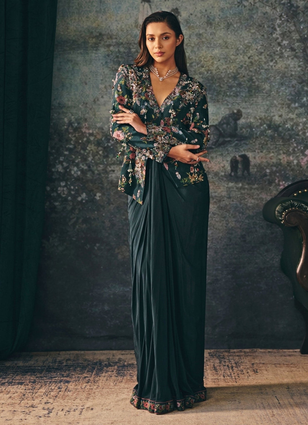 Deep Green Crepe Drape Skirt Set Mani Bhatia - Fabilicious Fashion