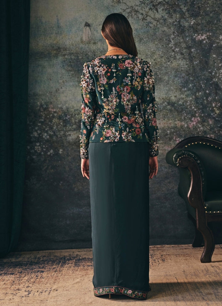 Deep Green Crepe Drape Skirt Set Mani Bhatia - Fabilicious Fashion