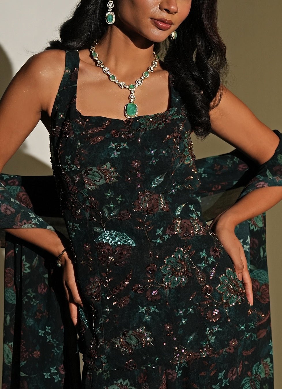 Deep Green Floral Printed Georgette Pants Set Kiyohra - Fabilicious Fashion