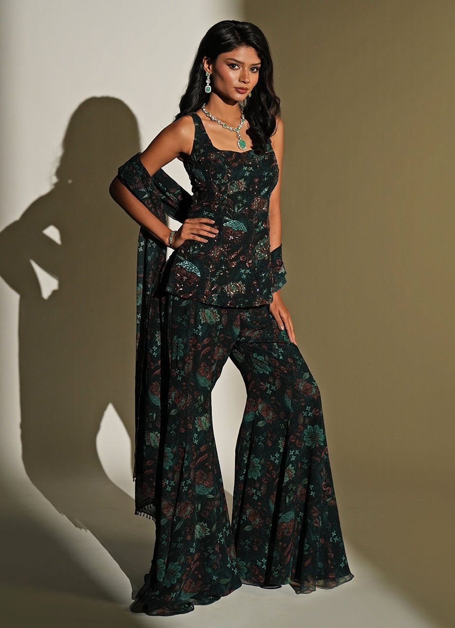 Deep Green Floral Printed Georgette Pants Set Kiyohra - Fabilicious Fashion