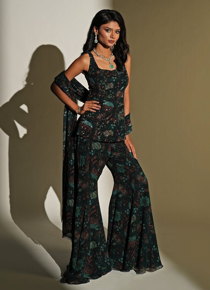 Deep Green Floral Printed Georgette Pants Set Kiyohra - Fabilicious Fashion